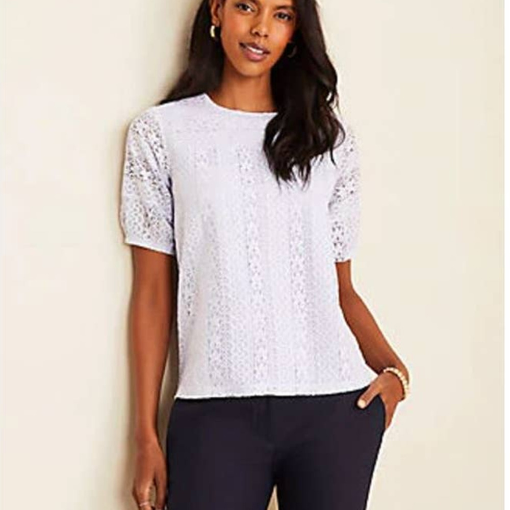 Ann Taylor Lace Lantern Sleeve Tee In Peri Nova